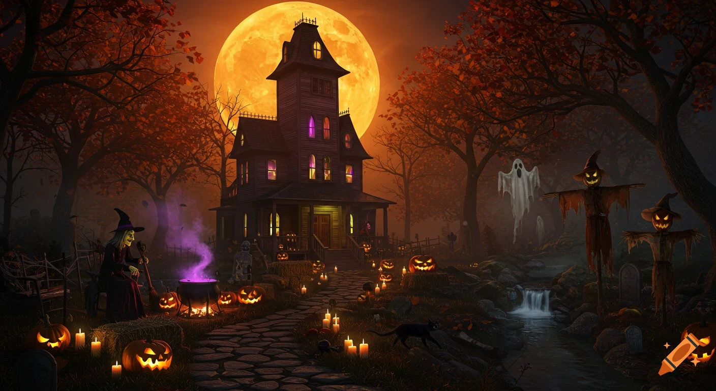 A detailed, spooky Halloween scene with a haunted house, witch, jack-o'-lanterns, ghost, and black cat under a huge orange moon.