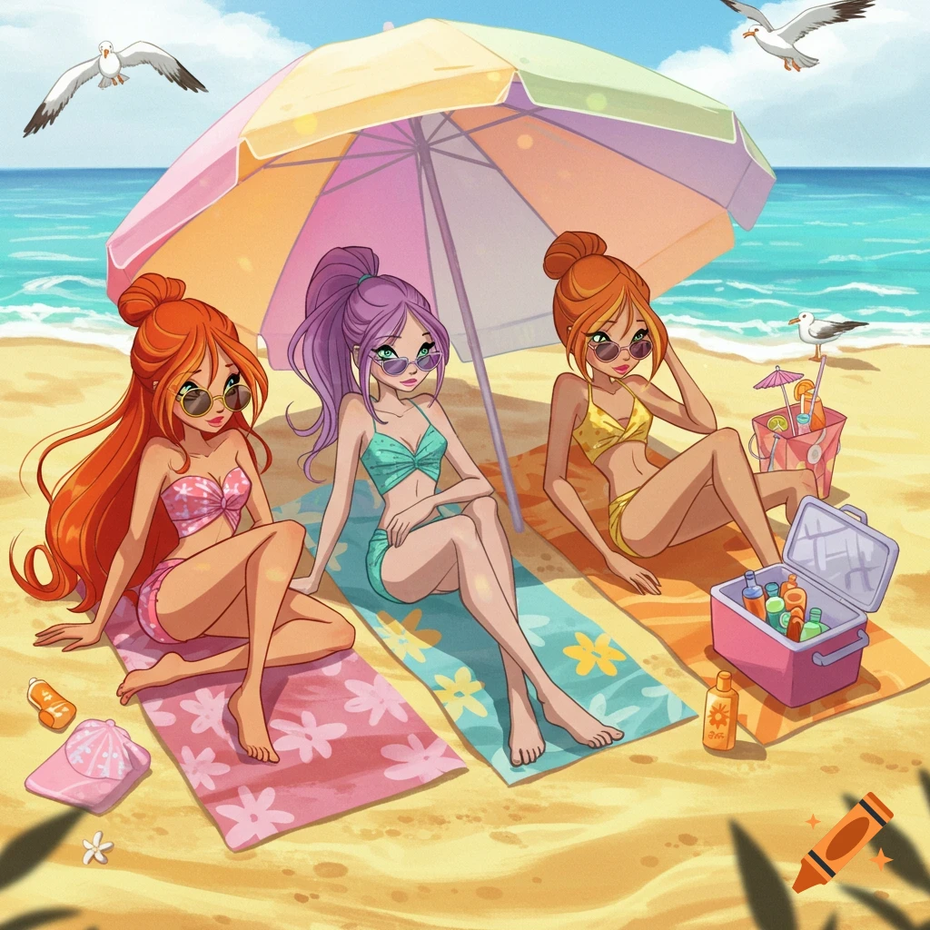 Three anime-style girls in bikinis with sunglasses sit on towels under a colorful beach umbrella, with a cooler and sunscreen nearby, on a sunny beach with seagulls flying.
