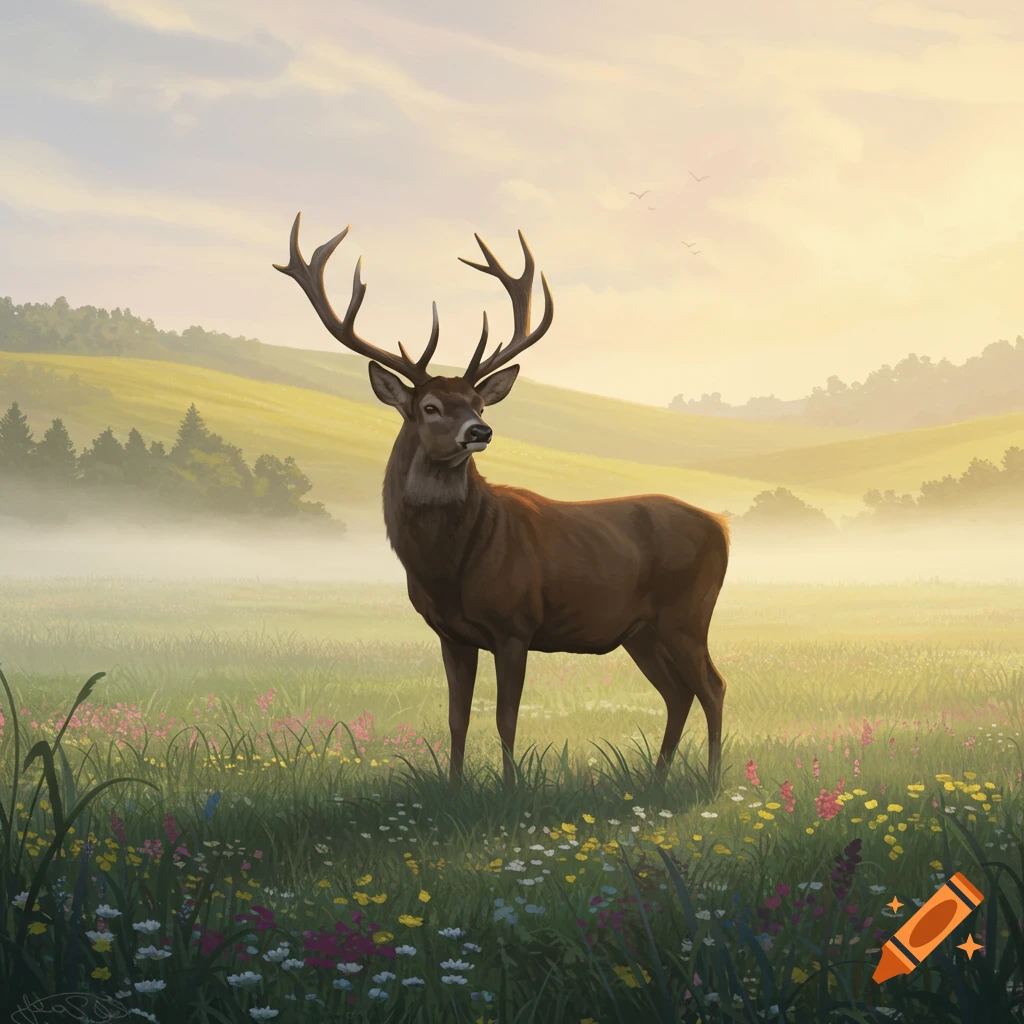 A majestic buck deer with large antlers stands in a misty, flower-filled pasture at sunrise, with rolling hills in the background.