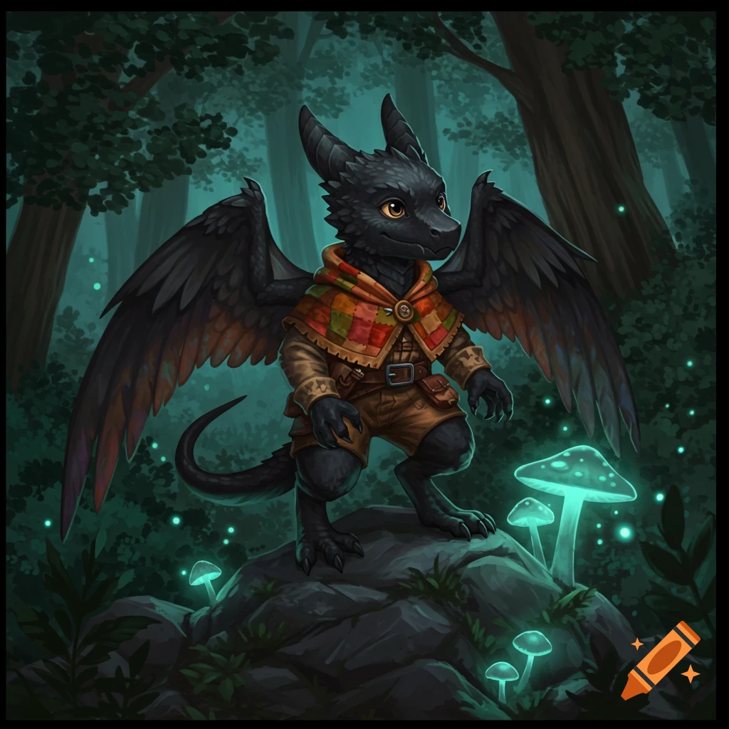 A cute black kobold with wings and a patchwork cloak stands on a rock in a mystical dark forest with glowing mushrooms.