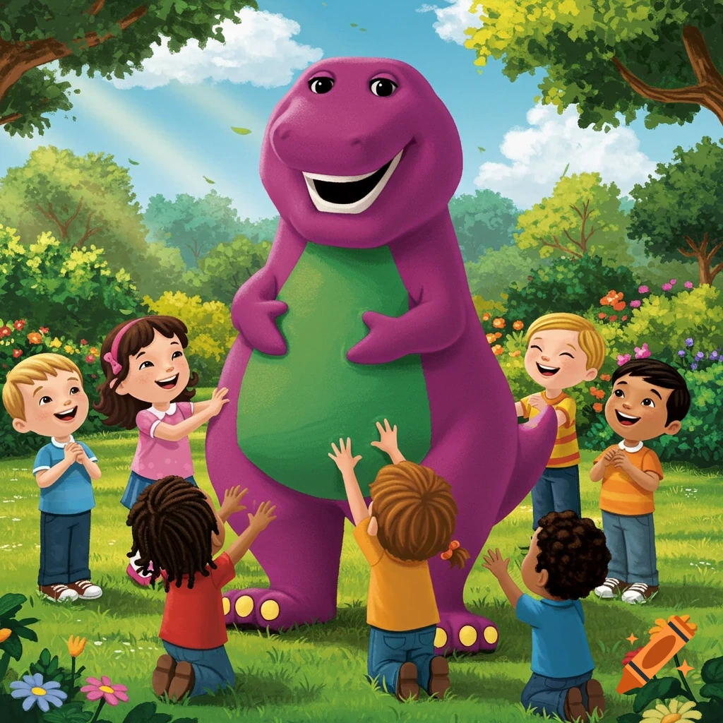 Barney the purple dinosaur smiles as diverse children reach to tickle his green tummy in a sunny, flower-filled cartoon park.