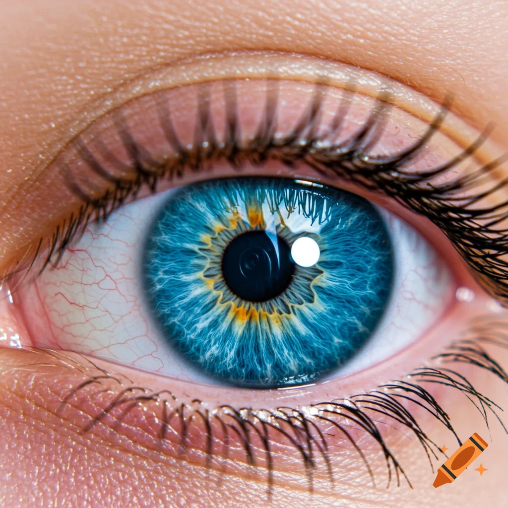 Close-up of a vibrant blue eye with intricate yellow patterns in the iris and visible red veins, photorealistic.
