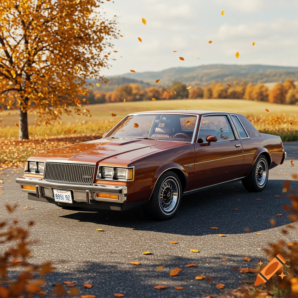 A root beer colored classic Buick Regal coupe on an autumn road with falling leaves and hills, photorealistic.