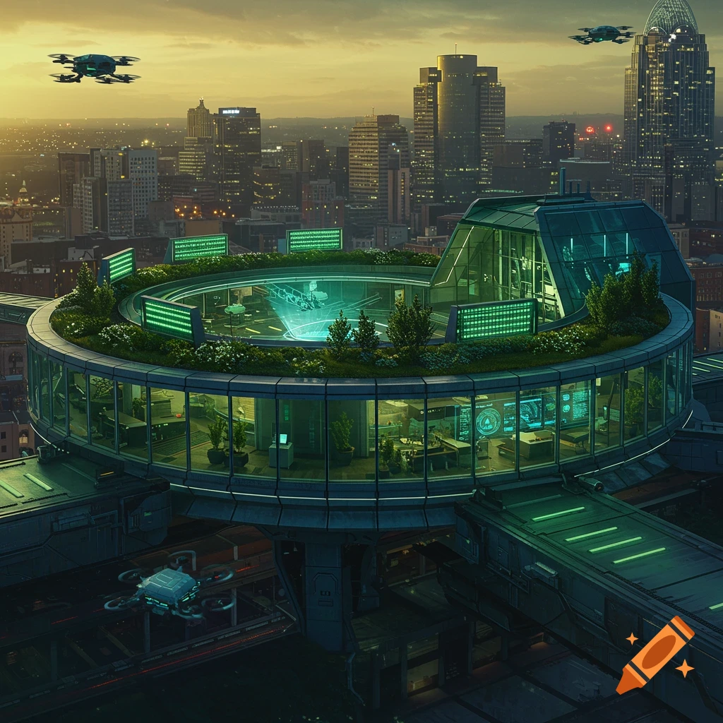 A circular futuristic glass building with a green roof and glowing screens in a city skyline at sunset, with drones flying.