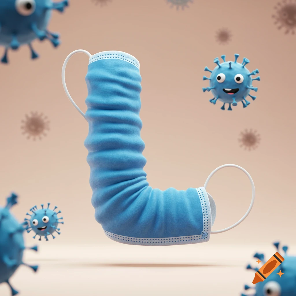 A blue medical face mask bent into the shape of the letter L, surrounded by smiling cartoon COVID-19 virus particles. 3D render.