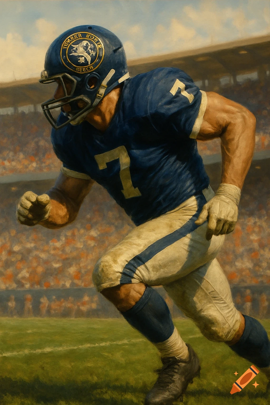 A football player in a blue uniform with number 7 runs on a green field in a stadium, in a painterly style.