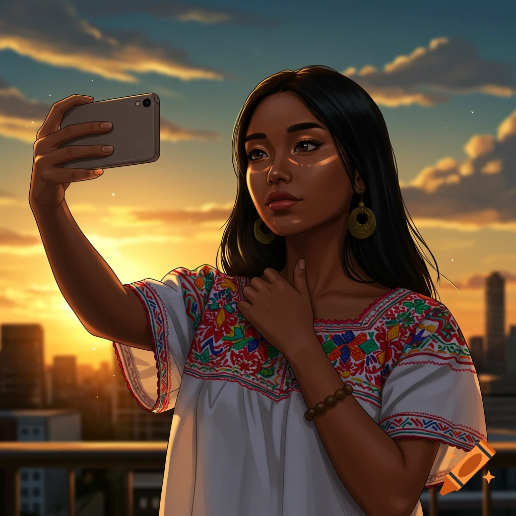 Digital art of a woman with long dark hair taking a selfie with a phone against a sunset cityscape, wearing a white embroidered top.