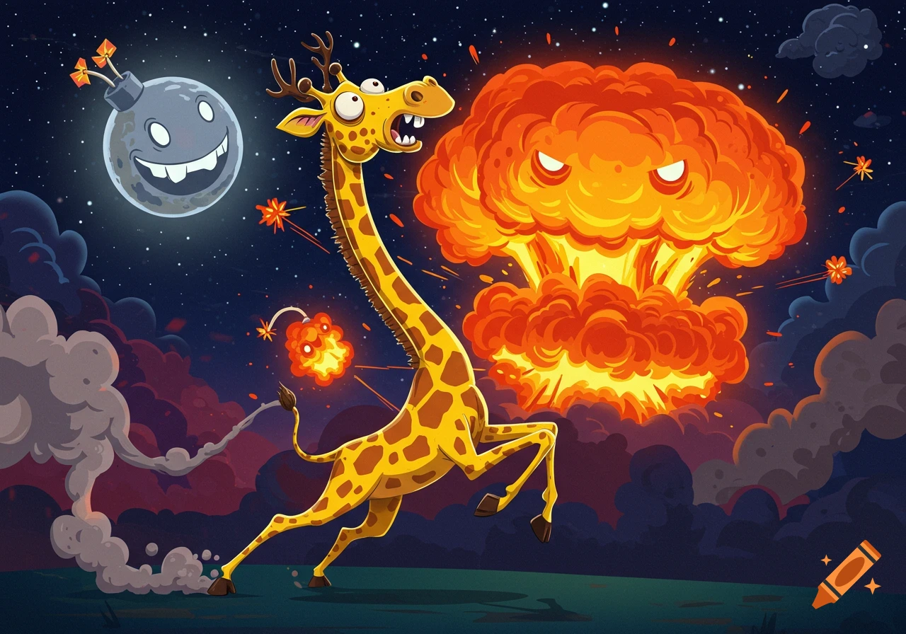 A scared cartoon giraffe runs, a small bomb on its tail, with a large explosion behind it and a smiling bomb moon in the night sky.