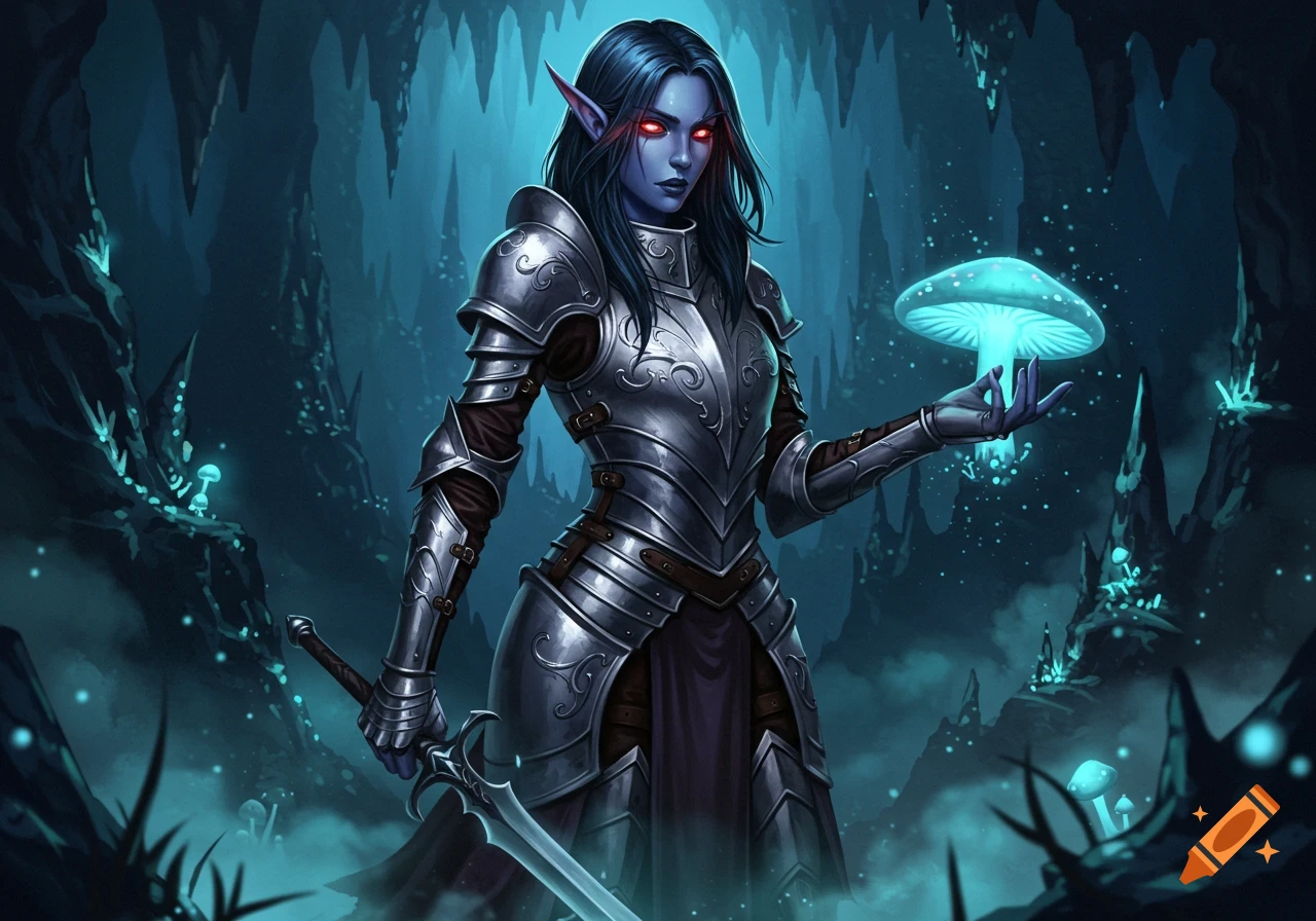 A female drow warrior in detailed plate armor stands in a luminous dark cave, holding a glowing blue mushroom and a sword.