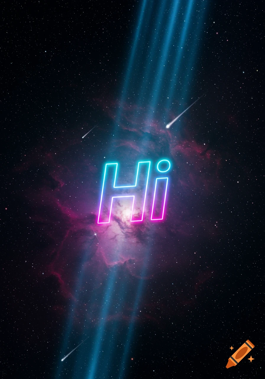 Neon 'Hi' text glowing against a backdrop of a vibrant nebula, stars, and blue light beams.