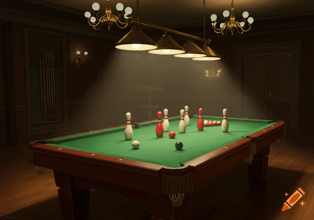 A dimly lit room features a green billiard table with bowling pins and billiard balls, illuminated by overhead lamps.