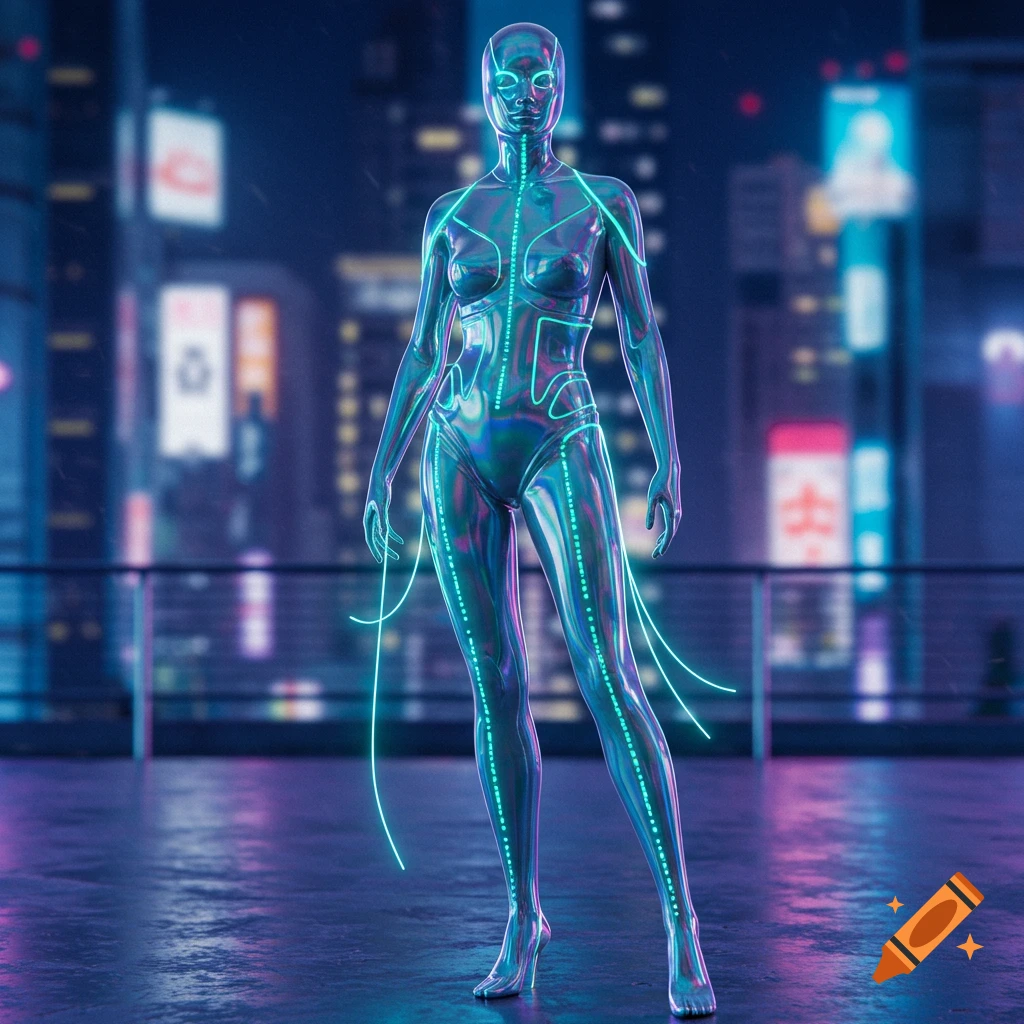 A metallic, iridescent humanoid figure with glowing lines stands on a rooftop overlooking a neon-lit futuristic city at night.