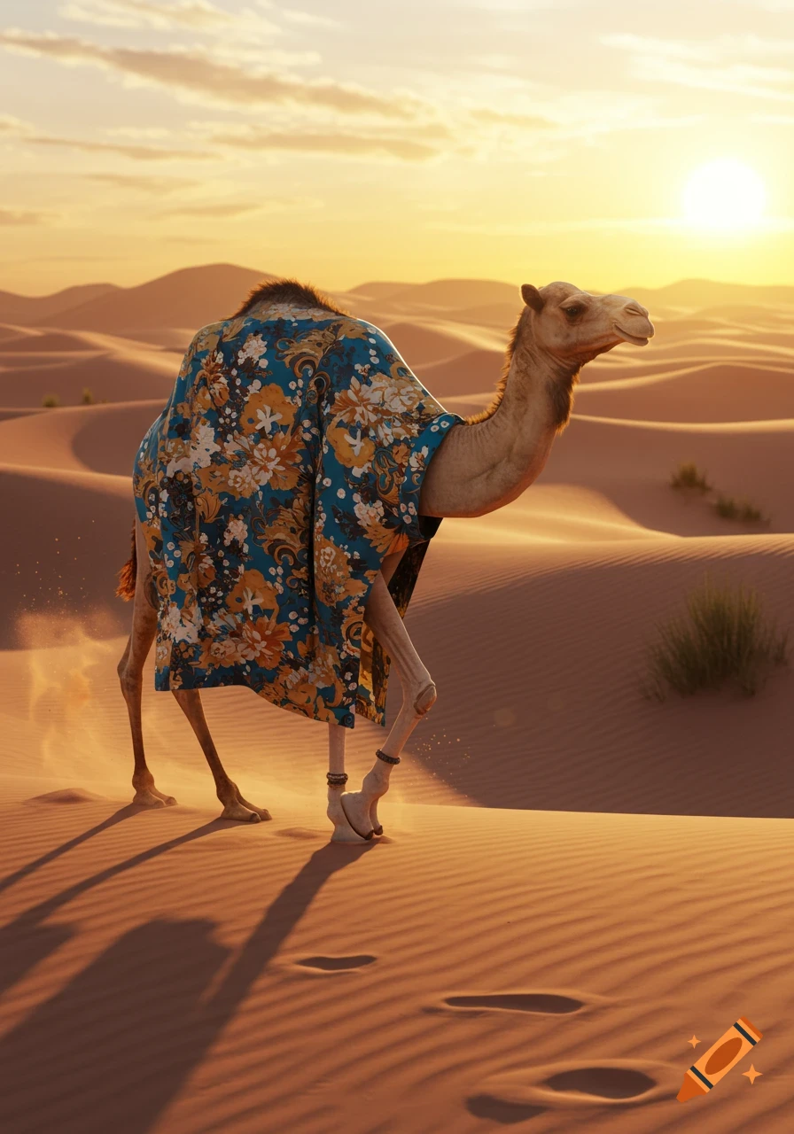 A photorealistic camel walks through a sandy desert at sunset, wearing a blue and orange floral kimono.