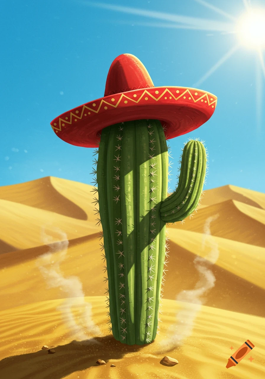 Cartoon cactus in a red sombrero in a sunny desert landscape.