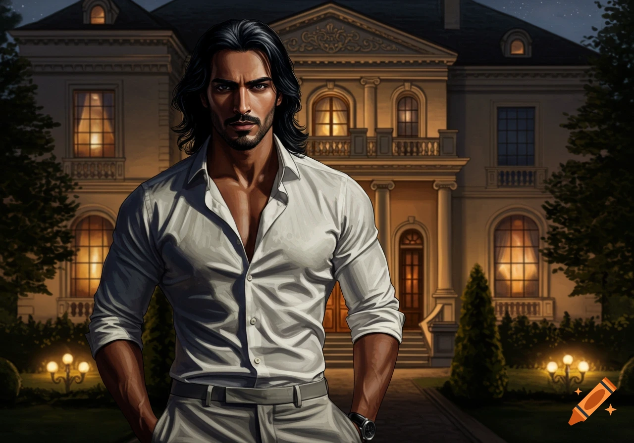 A stylish man with long dark hair and a white shirt stands confidently before a luxurious mansion at night. Digital art.