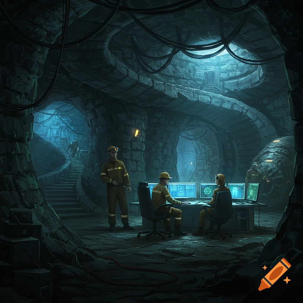 Miners in hard hats and work suits operate computers in a vast, dark, underground facility with winding tunnels and ancient stone walls, lit by an eerie blue glow.