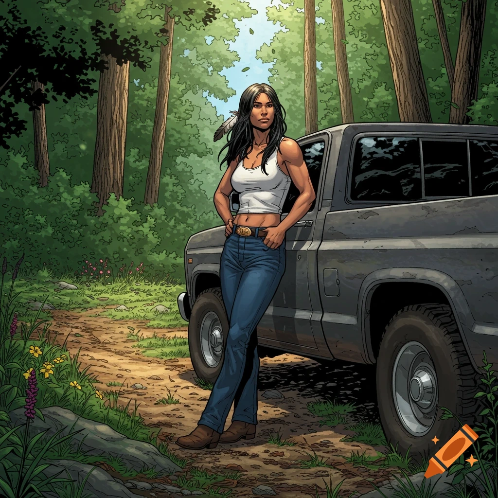 Native American woman in a tank top and jeans leaning on a pickup truck on a dirt road in the woods, comic book art.