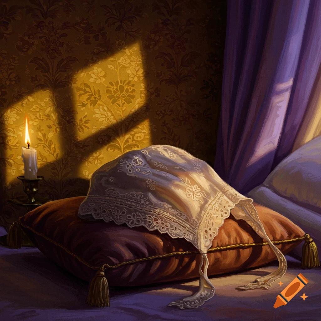 Lace night cap on a pillow next to a lit candle in a dimly lit bedroom with patterned wallpaper, painterly.