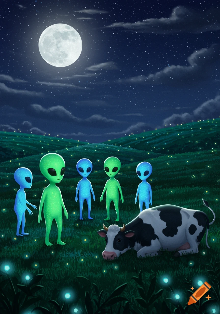 Five aliens, some green, some blue, stand around a black and white cow in a grassy field at night under a full moon and starry sky.