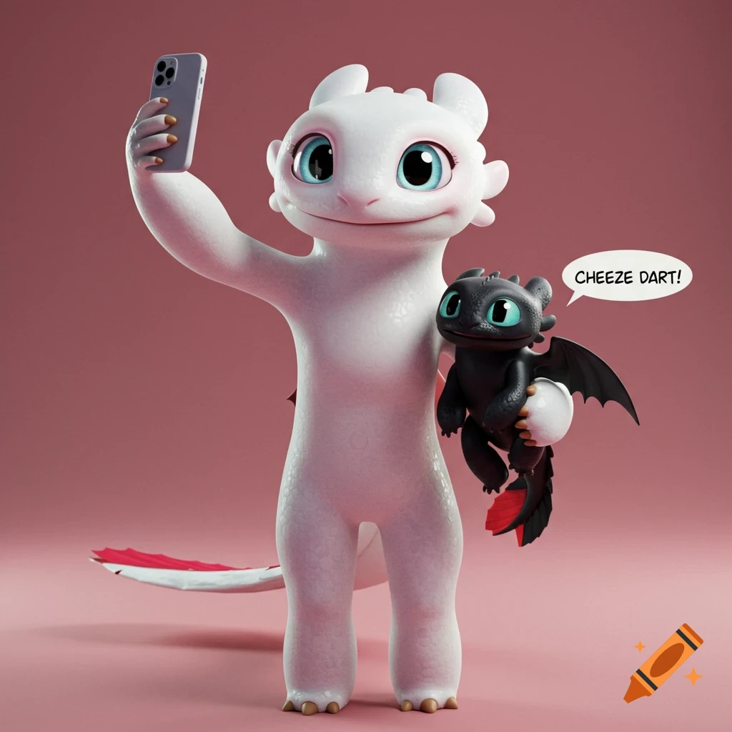A 3D rendered Light Fury holds a baby Night Fury while taking a selfie against a pink background.