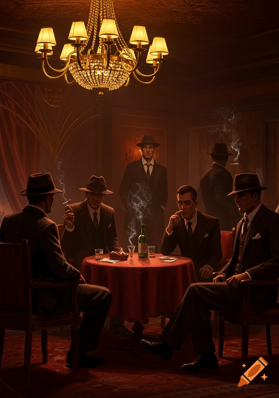 A group of men in fedoras and suits gather around a red-draped table in a dimly lit, ornate room, smoking and drinking. A grand chandelier hangs above.