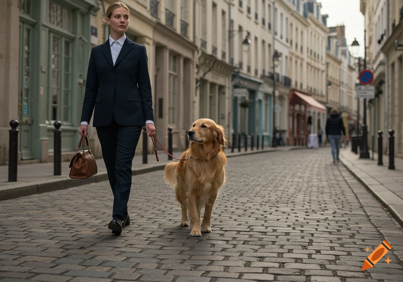 A woman in a dark suit walks a golden retriever on a leash down a cobblestone city street lined with buildings. Photorealistic style.