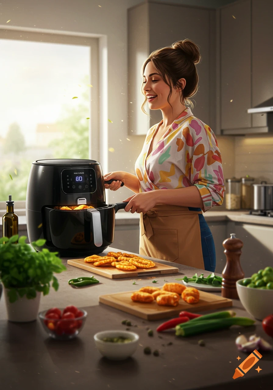 Photorealistic image of a smiling woman cooking with an air fryer in a modern kitchen, with food ingredients on the counter.