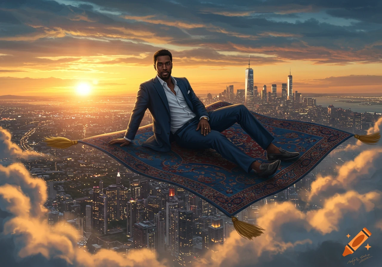A black man in an elegant suit relaxes on a flying magic carpet over a city at sunset, surrounded by clouds.