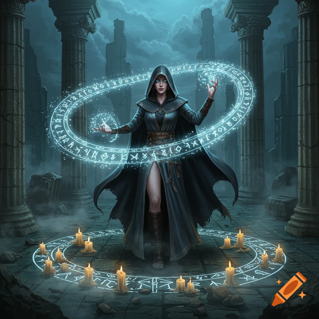 A sorceress in a dark cloak performs magic with glowing runes and lit candles amidst ancient ruins.