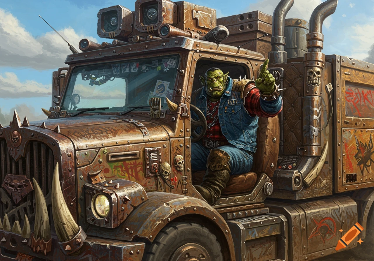 A rugged green orc in a denim vest drives a rusty, spiked Warhammer 40K truck, pointing a finger.