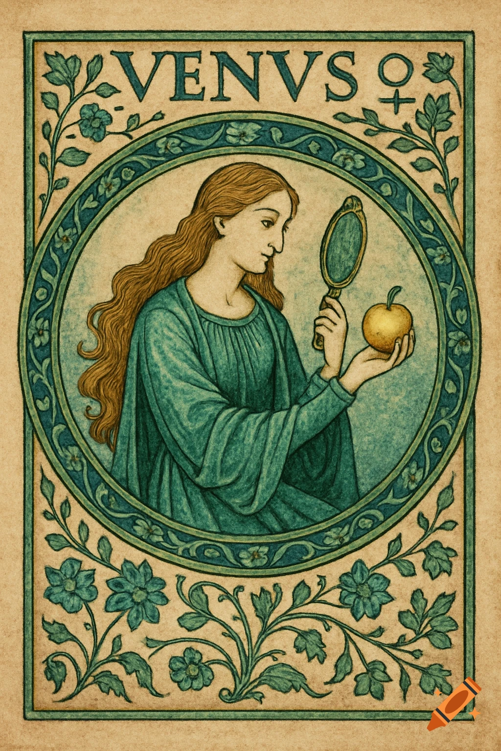 A medieval manuscript-style illustration of Venus in a green-blue robe, holding a mirror and an apple, within an ornate border with "VENVS" and the female symbol.