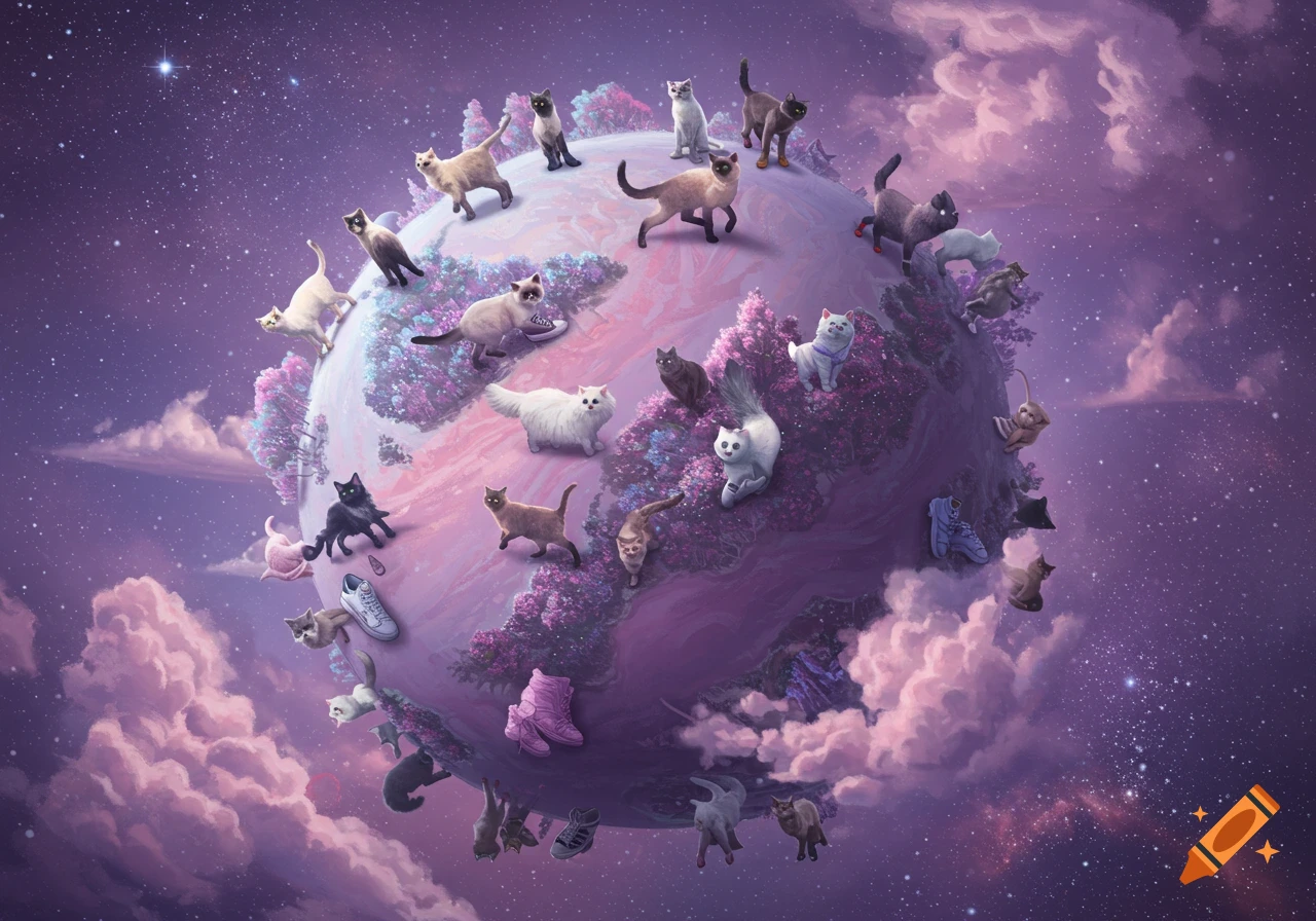 A whimsical planet in purple space, covered in pink foliage, with many cats and various shoes scattered across its surface.