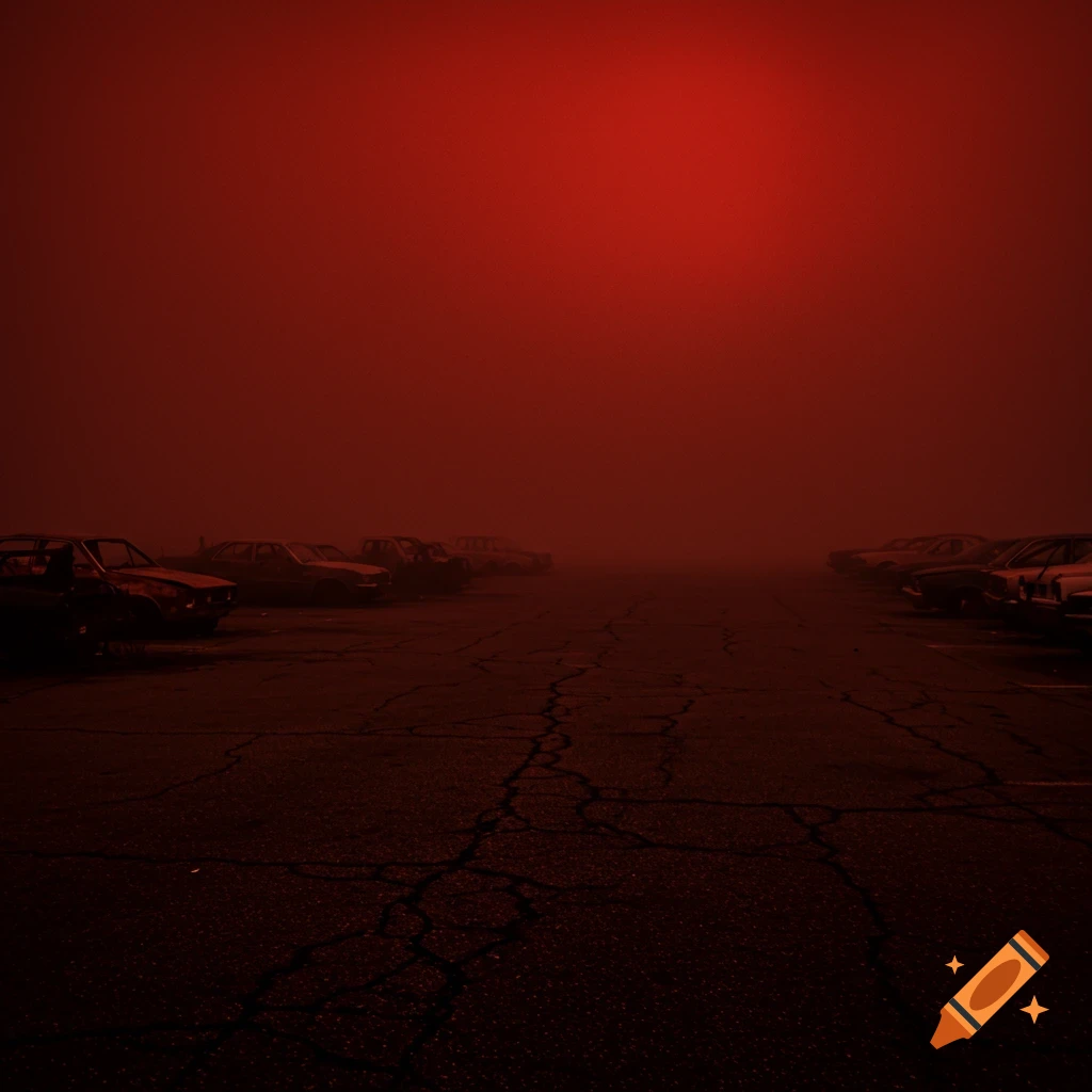 A desolate, foggy parking lot with old, rusted cars under a deep red sky and cracked asphalt ground.
