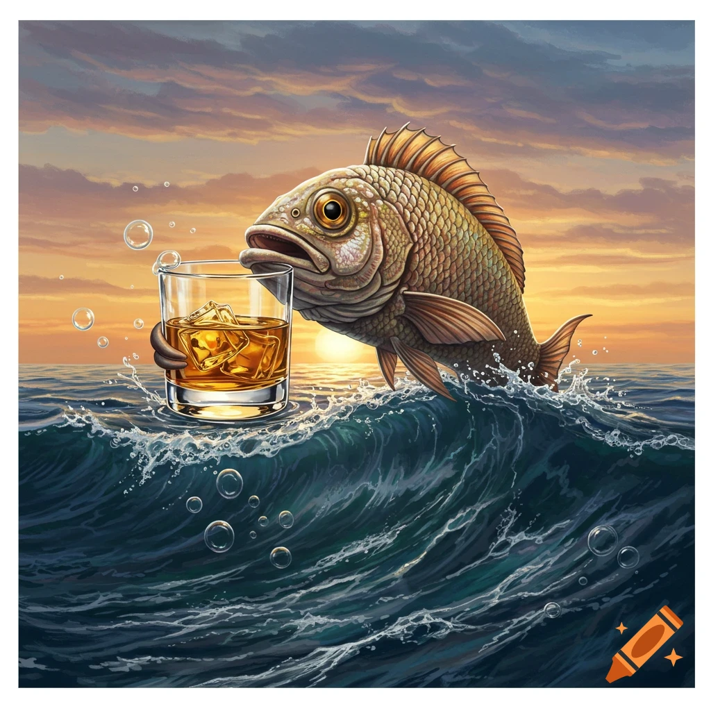 A whimsical fish jumps from the ocean, holding a glass of whiskey at sunset.