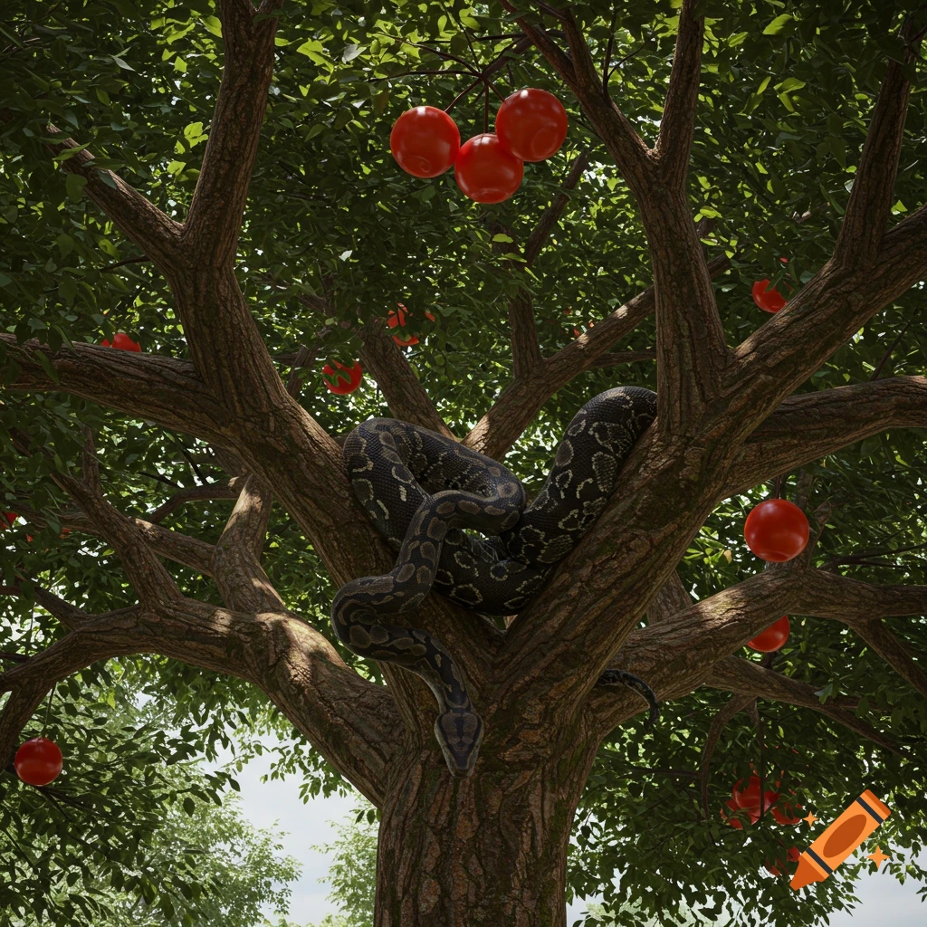 A realistic dark python dangles from the branches of a lush green tree laden with bright red apples, viewed from below.