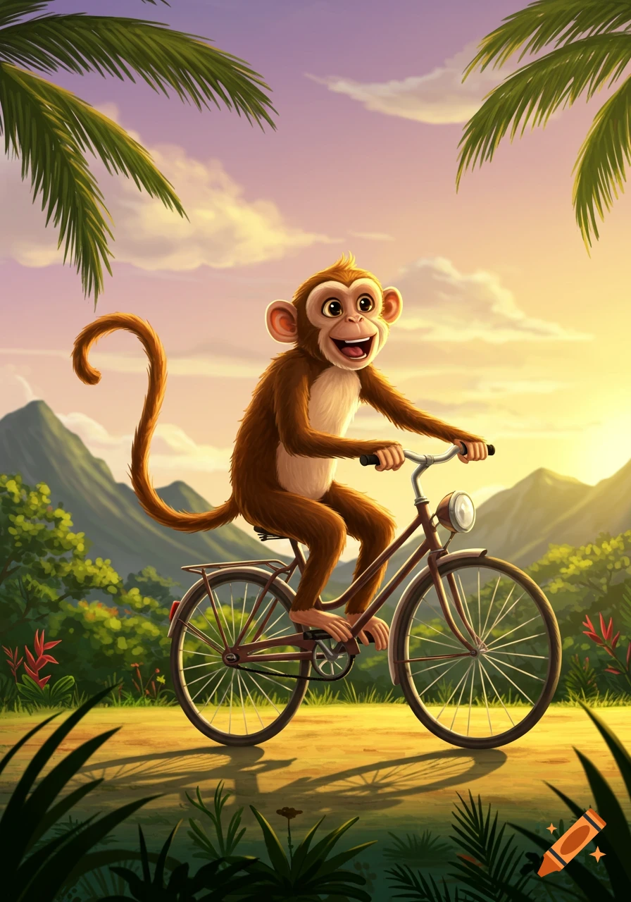 A smiling cartoon monkey rides a bicycle on a jungle path during sunset.