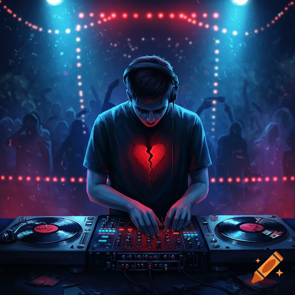 A sad DJ with a broken heart symbol on his shirt, mixing music on turntables in a neon-lit club with a blurred crowd.