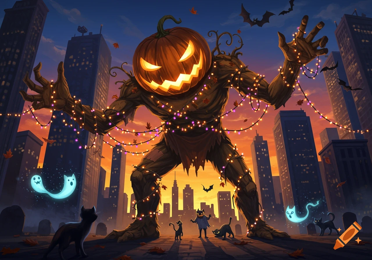 Giant pumpkin monster wrapped in string lights stands in a city at sunset, with black cats, bats, and ghosts around.