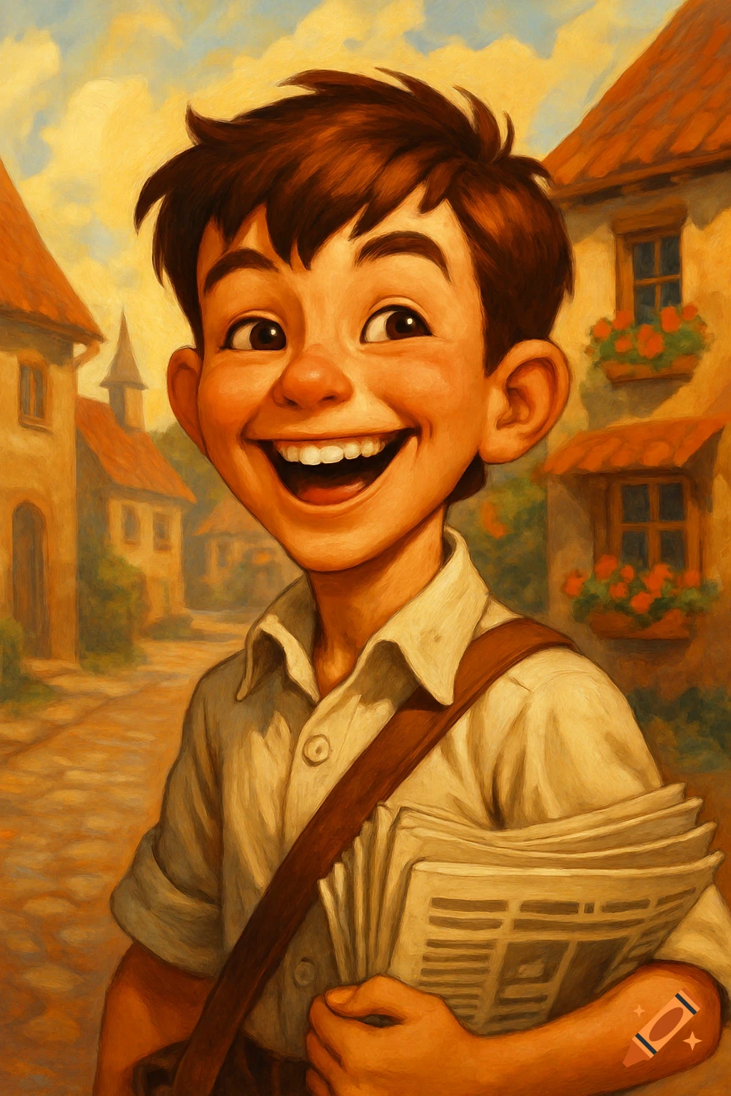 A happy, smiling cartoon boy, a newspaper delivery boy, holds newspapers in a rustic village street, painted.