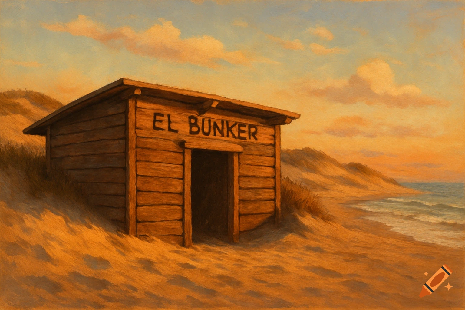 A wooden bunker with 'EL BUNKER' on its front sits on a sandy beach at sunset, with waves and an orange sky, in a painterly style.