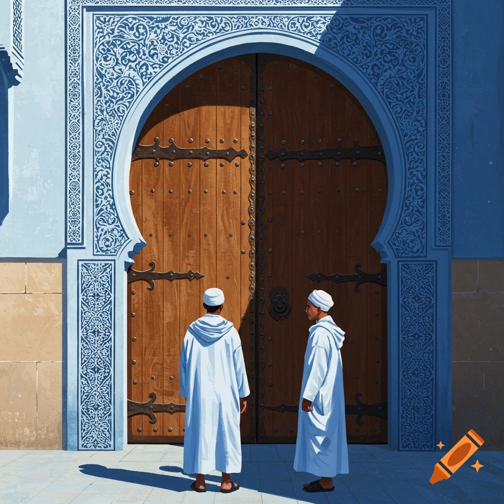 Two men in white djellabas stand before a large ornate wooden Moroccan door with blue architectural details, in a traditional art style painting.