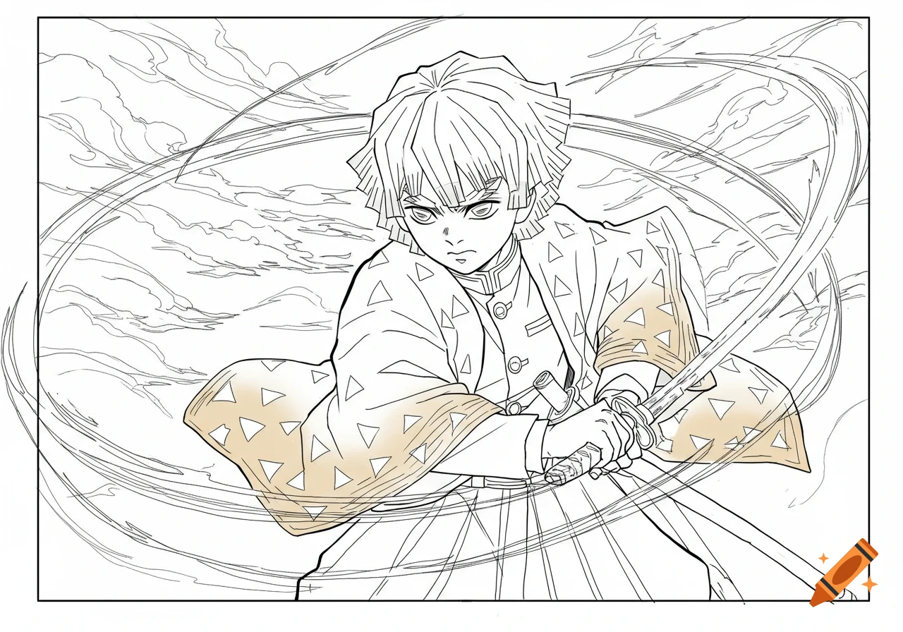 Line art of anime character Zenitsu from Demon Slayer, holding a katana, with dynamic lines suggesting movement around him.