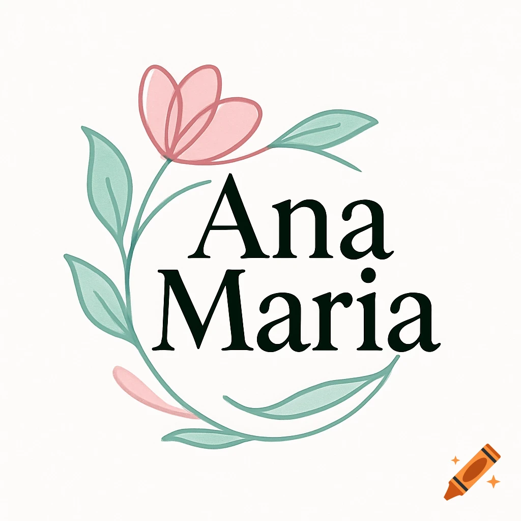 A logo featuring a pink flower and green leaves arranged in a circular wreath around the black text 'Ana Maria'.