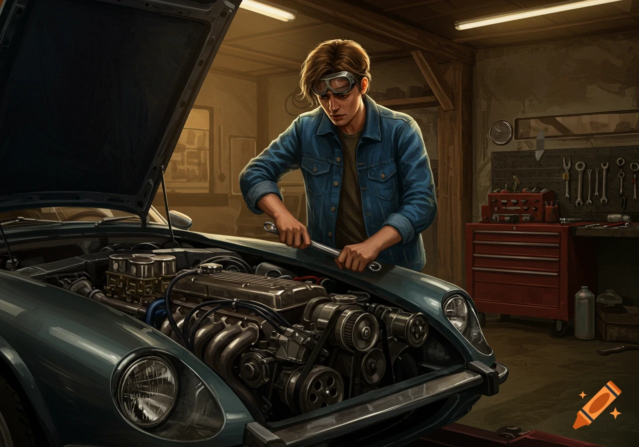 An illustrated young man in goggles repairs a vintage car's engine with a wrench in a detailed garage workshop.