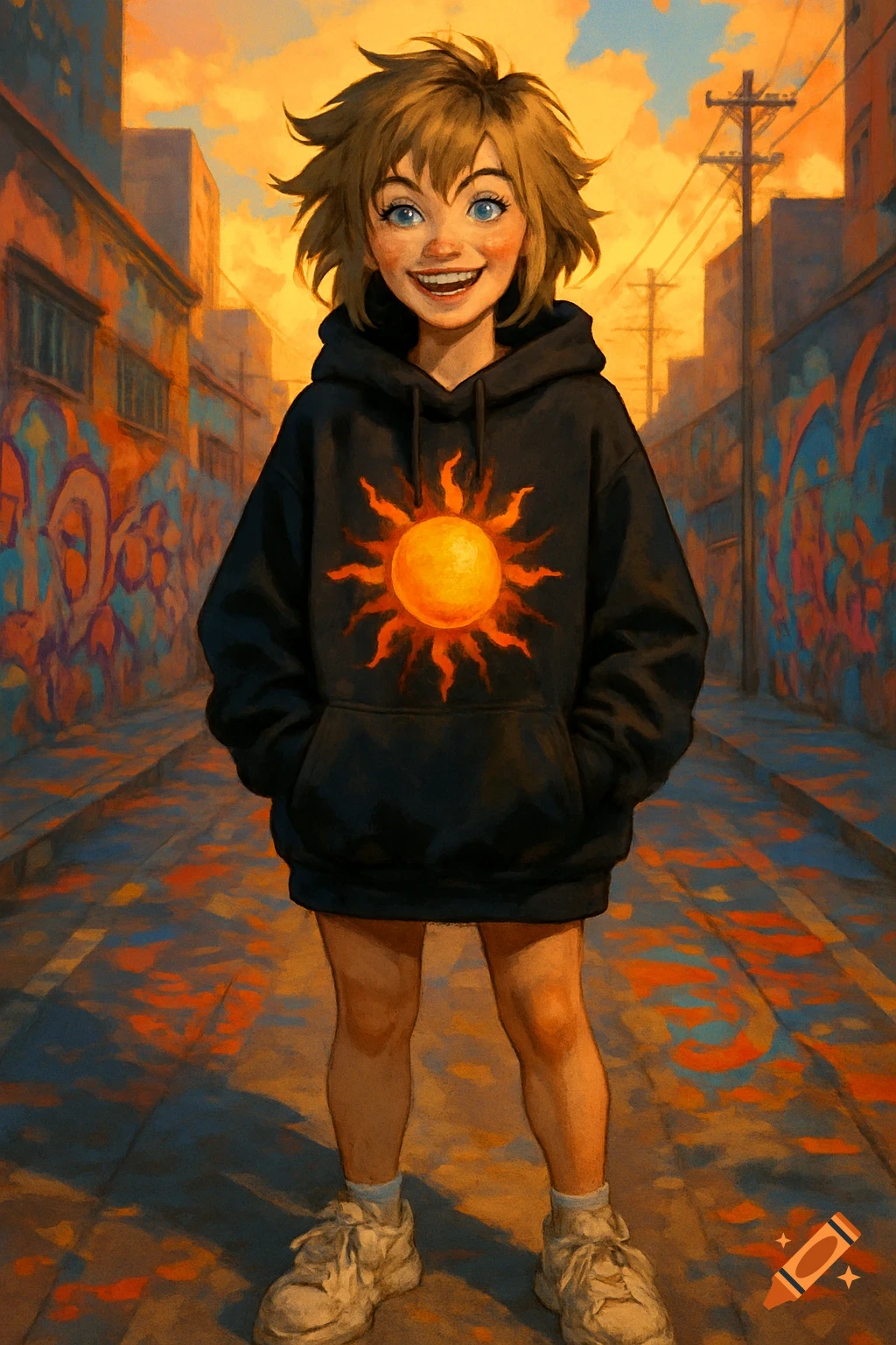 A smiling girl with messy dirty blonde hair and blue eyes, wearing a black hoodie with an orange sun graphic, stands in a graffiti-filled urban alleyway under an orange sky, digital art.