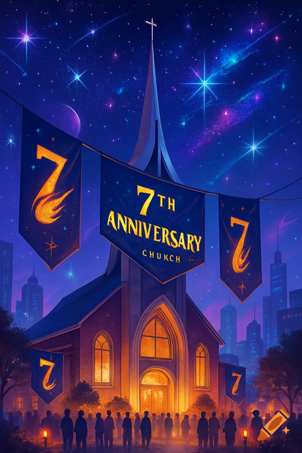 A vibrant, stylized image of a church celebrating its 7th anniversary under a starry night sky, with a silhouetted crowd.