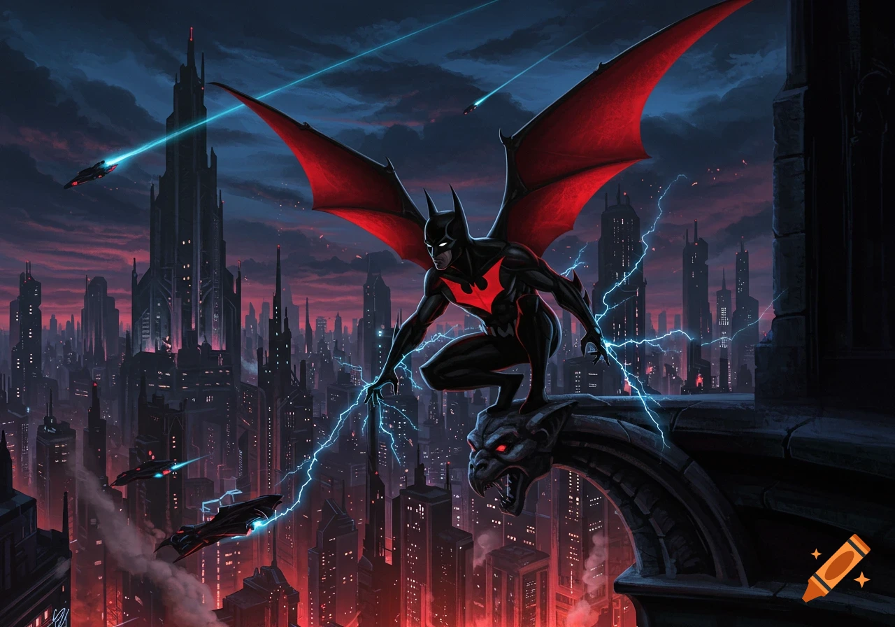Batman Beyond perches on a gargoyle overlooking a futuristic city bathed in red and blue light, with red wings and blue lightning.