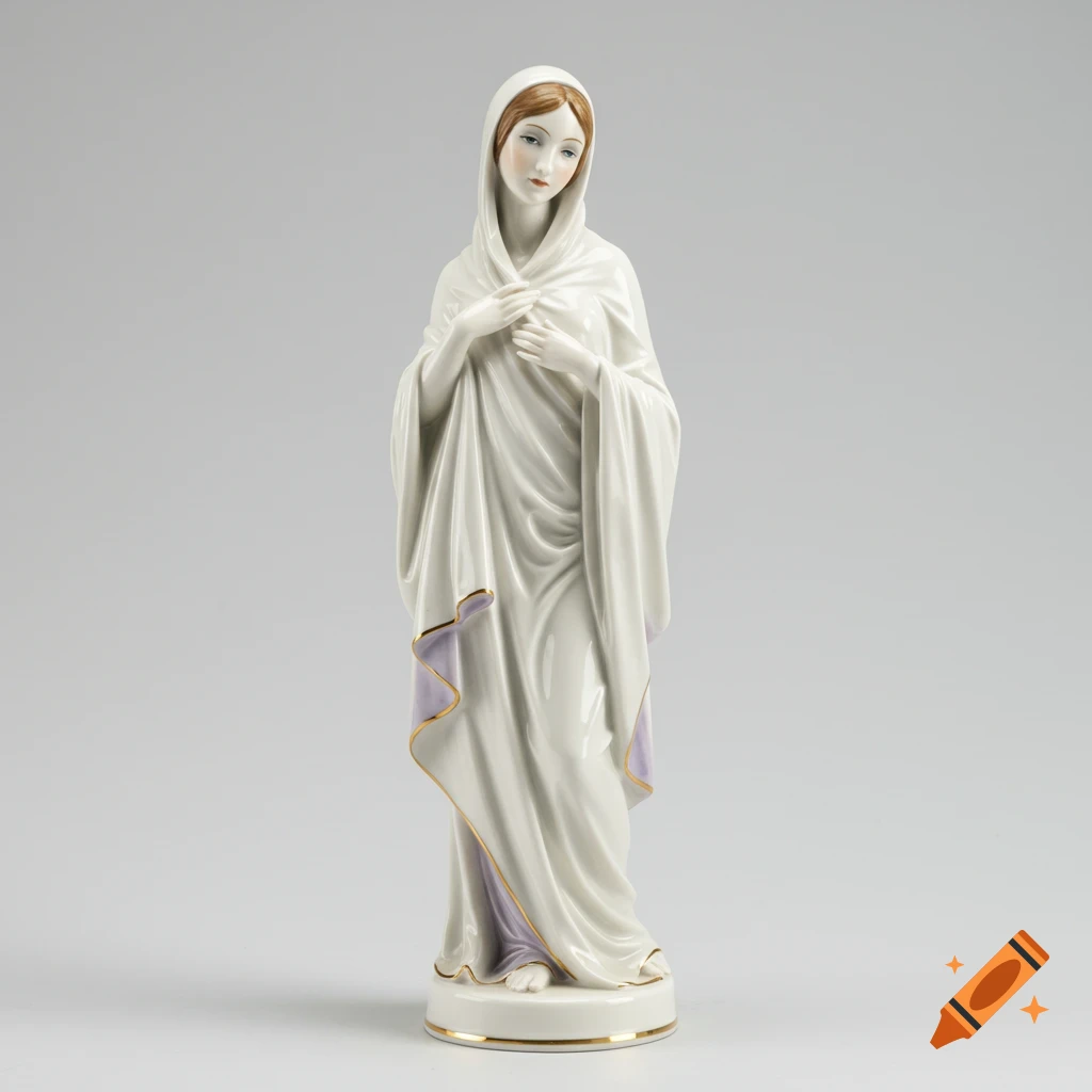 A white porcelain statuette of a woman in a hooded robe with purple and gold trim, standing on a circular base.