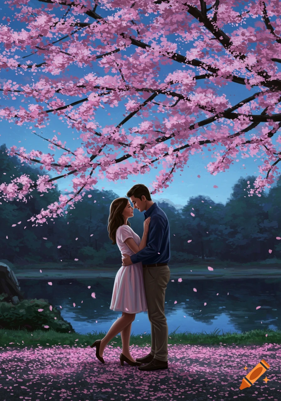 An illustration of a couple embracing under a cherry blossom tree by a lake, with pink petals scattered on the ground.