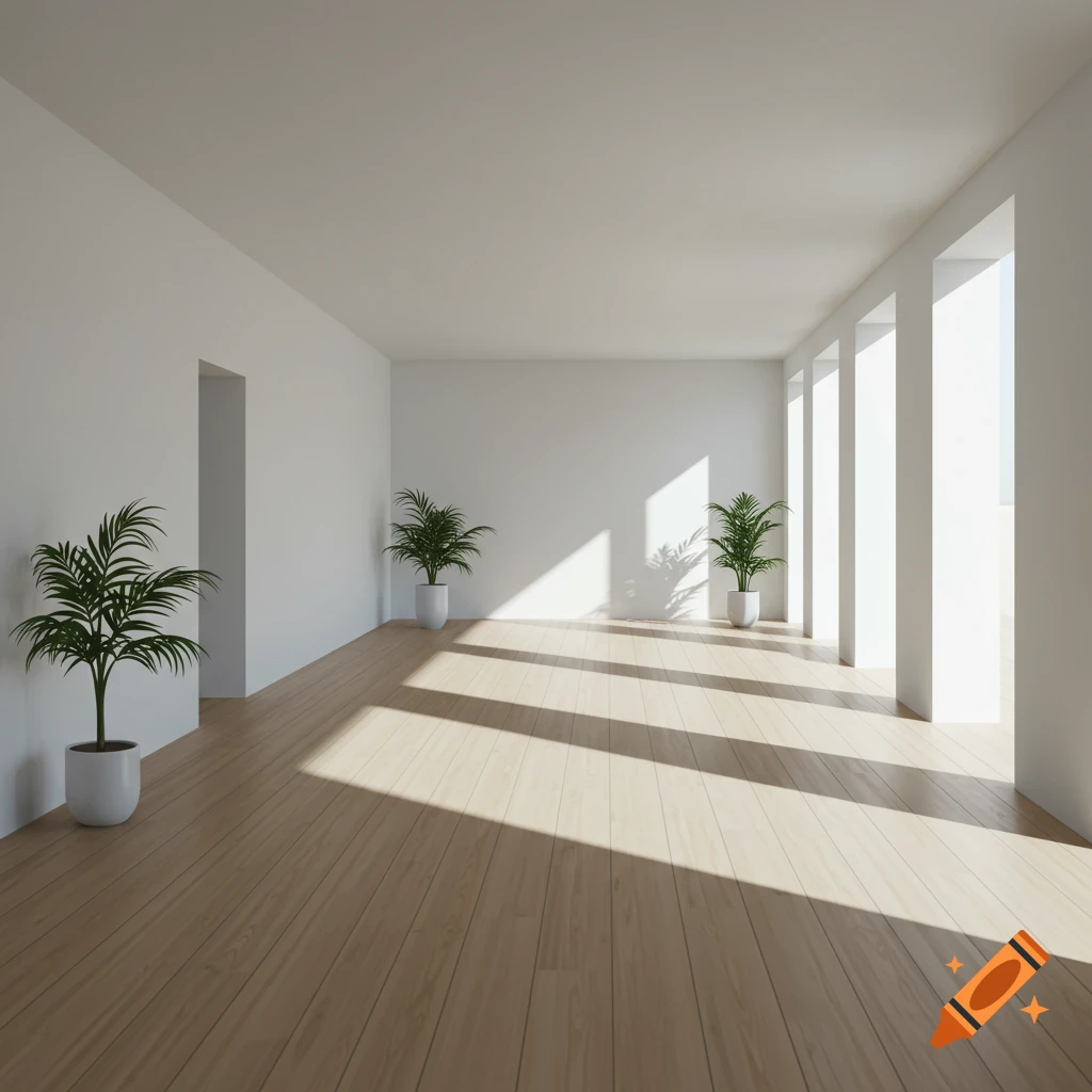 A minimalist room with white walls, a light wooden floor, and potted plants, bathed in sunlight from large windows.